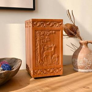 lot 2708 image: Elegant Wooden Cremation Urn for Human Ashes - Decorative Memorial Box Suitable for Adult Male and Female, Includes Satin Storage Bag - Perfect for Burial or Keepsake Tribute