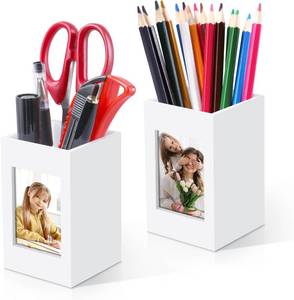 lot 2721 image: 2PCS Acrylic Pen Holder for Desk 2x3 Polaroid Picture Frame Makeup Brush Holder Photos Frame Photo Pen Holder, Vase for Flowers Desktop Pencil Cup Stationery Organizer for Home Office Desk Organizer