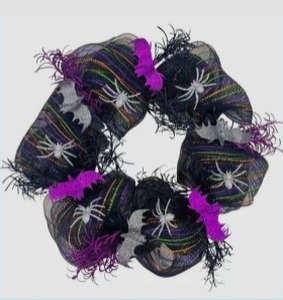 lot 2765 image: Halloween Wreath for Front Door, 18In Black Mesh Wreath with Glittery Silver Spiders & Purple Bats, Orange Green Purple Accents, Creepy Spider Decor for Indoor Outdoor Halloween Party Fireplace Decor