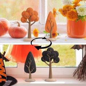 lot 2793 image: Double Sided 2 Pcs Halloween Fall Village Houses Accessories Small Yellow Black Display Resin Trees Figurines, Autumn Miniature Trees, Indoor Tabletop Shelf Desk Decorations for Home