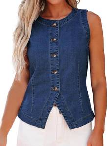 lot 2805 image: luvamia Denim Vest for Women Sleeveless Strechy Jean Vest Top Button Down Crewneck Casual Summer Western Waistcoat Medium