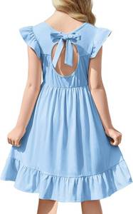 lot 2809 image: Flypigs Girls Dress Tie Back Flared Sleeve Ruffle Hem A-Line Sundress Casual Midi Dresses 10-12 Years