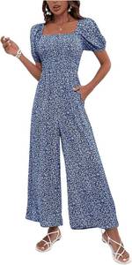 Women's Square Neck Ditsy Floral Puff Sleeve Wide Leg Jumpsuit XL