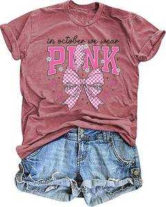 lot 2815 image: Breast Cancer Awareness Shirts for Women in October We Wear Pink Graphic T-Shirts Pink Ribbon Bow Short Sleeve Medium