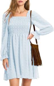 lot 2818 image: EXLURA Womens Fall Long Sleeve Party Swiss Dot Dress Smocked Ruffle Cocktail Mini Dresses Large