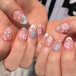 lot 2820 image: 24Pcs Summer Flower Fake Nails White French Press on Nails Short Almond Glossy Artificial Acrylic Nails Reusable for Women DIY Blue Pink White Spring Summer Floral Manicure Supplies