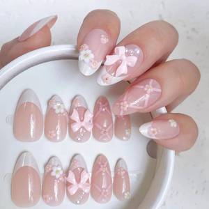 lot 2821 image: Coquette Bow Press-On Nails, 24pcs Blush Pink French Tip Almond Fake Nails with 3D Bow & Pearls, Medium Length Reusable Glue-On Nails Kit for Wedding, Prom & Date