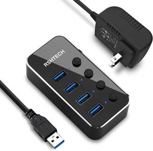lot 2828 image: Powered USB Hub, RSHTECH 4 Port USB 3.0 Hub Splitter Portable Aluminum USB Data Hub Expander with Individual OnOff Switch and Universal 5V AC Adapter, 3.3ft USB 3.0 Cable (RSH-516)