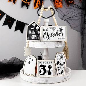 lot 2835 image: Halloween Decorations - 6 PCS Halloween Tiered Tray Decor - Bat Coffin, Haunted House, Ghost, Witches, October 31 Sign, Bead Garland Halloween Decor Halloween Centerpiece for Home Table Party Supplies