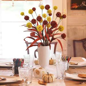 lot 11550 image: Lcuasc 4pcs Fall Floral Picks 19 Faux Craspedia Flowers Stem Thistle Globe Autumn Branches for Vases Centerpieces Harvest Festival Thanksgiving Farmhouse Home Decor ( Burgundy Gold )