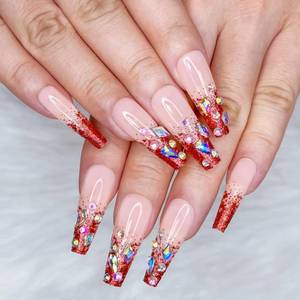lot 11583 image: Artquee Coffin Press on Nails Long - Nude Press on Nails with Ombre Red Glitter Rhinestones Designs, Reusable Fake Nails for Women Stick on Nails in 12 Sizes - 24 Nail Kit, Z281