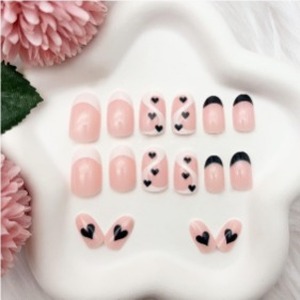 lot 11584 image: Short Almond Press on Nails Valentines Day Fake Nails French Tip Glue on Nails with White Waves Black Heart Design Glossy Full Cover White Black Nail Tips Acrylic Nails for Women and Girls Manicure