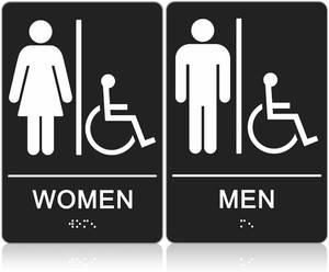 lot 11595 image: T&R ADA Braille Unisex Bathroom Signs, Men Women Signs - 2 Pack - 8 x 6 Inches Acrylic with Self-Adhesive Tape for Office or Business Bathroom and Toilet Door or Wall Decor