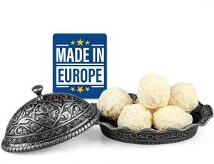 lot 11609 image: Crystalia Traditional Candy Bowl with Lid, Decorative Ellipse Turkish Delight Container, Ottoman Design Serving Dish, Food Grade Metallic Mini Sugar Holder, Home and Kitchen (Silver)