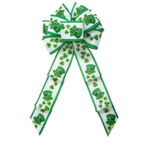 lot 11623 image: KOPHINYE St Patricks Day Bow for Tree Topper Decorations, Large Green Clover Buffalo Plaid Burlap Bow for Wreath Front Foor, Outdoor St Patricks Day Party Home D cor