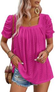 lot 11634 image: Dokotoo Womens Hollow Pleated Short Sleeves Square Neck Casual Loose Solid Color Knit T Shirts Tops Blouses Red Rose Large