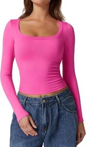 lot 11644 image: QINSEN Fashion Womens Scoop Neck Long Sleeve Seamless Top Side Ruched Basic Crop T Shirt Pink Large