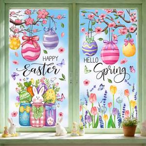 lot 11649 image: Lot if 2, Easter Egg Window Clings Watercolor Egg Flower Bunny Rabbit Reusable Window Decals Rustic Spring Decor for Shop Glass Holiday Home Office School Party Supplies 4 Sheet