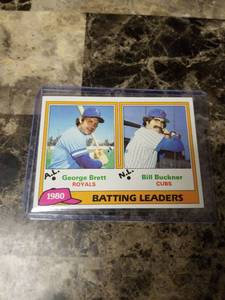 lot 1028 image: 1981 Topps 1980 Batting Leaders George Brett Kansas City Royals Bill Buckner Chicago Cubs Baseball Card