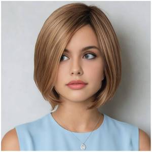 lot 6836 image: XIUFAXIRUSI XIUFAXIRUSI Short Brown Mix Blonde Highlights Classic Bob Wigs for Women Layered Straight Short Hair Wig with Side Part Dark Root Natural Synthetic Wig