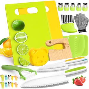 lot 6886 image: 28PCS Toddler Knife Set - Kids Knifes for Real Cooking, Montessori Kids Kitchen Knife Set with Cutting Board Crinkle Cutters Kid Safe Knives, Toddlers Kitchen Tools for Age 2-10 Year Old Girl Boy