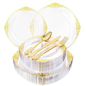 lot 6891 image: Joyido Clear Plastic Plates - Fancy Clear Gold Disposable Plates Include 25 Dinner Plates, 25 Dessert Plates, 75 Gold Plastic Silverware for 25 Guests for Wedding & Party MISSING SOME PIECES