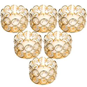 lot 6893 image: Potchen 6 Pieces Crystal Tealight Candle Holders Bulk, Votive Candle Holder Stands with Diamond Design for Table Centerpieces Wedding Party Home Decor and Holiday Favors (Gold)