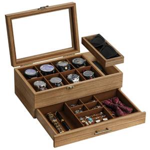 lot 6942 image: GALHUBIS Watch Box with Tray, 2-Tier Watch Case for Large Dial Watches, 8-Slot Watch Display Case with Lid, Removable Watch Pillows, Drawer, Gifts for Men Women, Watch Organizer, Jewelry Box, Walnut