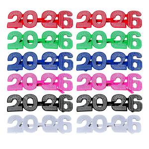lot 6944 image: Julysgift 12 Pack of 2026 New Years CrystalGlitteredSolidMetallic Plastic Party Glasses Celebration Eyeglasses (02)