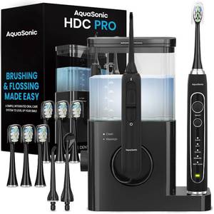 lot 6946 image: AquaSonic Home Dental Center PRO Brushing &amp Flossing Made Easy Brush &amp Floss Power Toothbrush &amp Water Flosser Whiter Teeth &amp Healthier Gums Black Series ProOral Irrigator