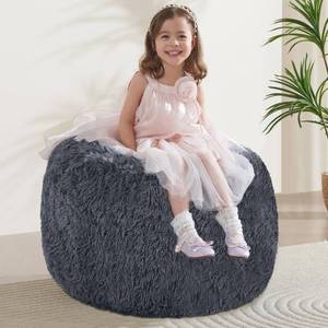 lot 6948 image: Bean Bag Cover (No Filler), Stuffed Animal Storage Bean Bag Covers for Kids, Soft Faux Fur Washable Cover with Pocket Handle, Comfy Fluffy Beanbag for Organizing Plush Toys, 27x21 Dark Grey