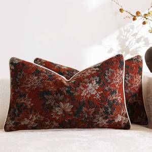 lot 6957 image: DEZENE Pack of 2 Vintage Floral Pillow Covers 12x20 Boho Farmhouse Accents Chenille Rectangular Lumbar Decorative Throw Pillow Cases for Living Room Couch Bed Home Decor, Rust