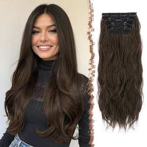lot 7015 image: FESHFEN Clip in Hair Extensions for Women - 4 Pcs Thick Double Weft Long Wavy Soft Synthetic Blends Well Hair Extension, 20 inch Dark Brown