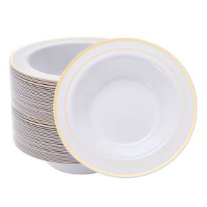 lot 7039 image: N9R 60PCS Disposable Plastic Bowls with Gold Rim, 12 oz Fancy White Plastic Bowls, Premium Dessert Salad Bowls Perfect for Party, Wedding and Everyday Use
