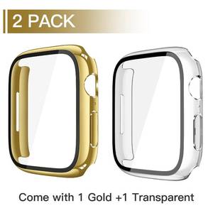 lot 7051 image: Misxi 2 Pack Tempered Glass Case Compatible for Apple Watch Series 11 (2025) Series 10 42mm, Hard PC Screen Protector Overall Protection Scratch-Resistant Cover for iWatch, 1 Gold  1 Transparent