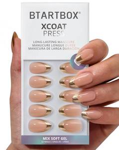 lot 7069 image: BTArtbox Press On Nails Short - Gilded Countdown, Lamp-Curable Gold French Tip Almond Press On Nails with Glue and Adhesive Tabs for Women in 16 Sizes - 32 Soft Gel Glue On Nails Kit