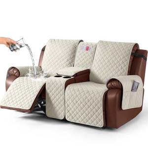 lot 7090 image: KinCam 100% Waterproof Recliner Loveseat Cover with Console, Non-Slip Reclining Couch Covers for 2 Seat, Recliner Sofa Cover Furniture Protector with Elastic Straps for Kids, Pets, Ivory