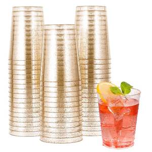 lot 7094 image: JOLLY CHEF 50 Pack 10 oz Gold Plastic Cups, Disposable Gold Glitter Plastic Cups Perfect for Wedding, Thanksgiving, Halloween,Christmas Parties
