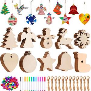 lot 7099 image: YRONTY 100Pcs DIY Wooden Christmas Ornaments, Unfinished Wood Slices Ornaments in 10 Shapes with 100 Ropes, 100 Colorful Bells & 7 Color Pens, DIY Wooden Christmas Ornaments Hanging Decorations