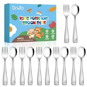 lot 7114 image: DRKIO Stainless Steel Toddler Utensils Set - 12 Pieces Kids Silverware Set Children Safe Food Grade Small Forks and Spoons Dishwasher Safe Mirror Polished