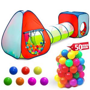 lot 7131 image: Kids Play Tent with 50 Balls 3-Piece Tunnel &amp Ball Pit Combo IndoorOutdoor Pop-Up Set with Mesh Panels &amp Carry Bag