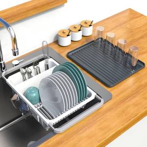 lot 7141 image: Dish drying rack expandable over the sink, in the sink and for cabinet and kitchen counter Dish drainer rust proof, Large kitchen organizer with drainboard, two cutlery holders and 6 cup holders.
