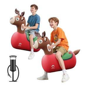 lot 7143 image: QPAU Inflatable Reindeer Hopper Bouncy Toy 2PCS with Fabric Cover & Pump, Ride On Toys for Kids 5 & Adults, Christmas Reindeer Inflatable Animal Bouncer, Outdoor Play