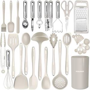 lot 7147 image: Kitchen Utensils Set - 446°F Heat Resistant Silicone Cooking Utensils Set-Kitchen Tools and Gadgets for Cooking Nonstick Cookware with Tongs,Turner,Spatula,Spoon,Brush,Peeler,Grater,Scissors (Khaki)