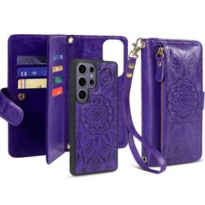 lot 7168 image: Harryshell Compatible with Samsung Galaxy S25 Ultra Wallet Detachable Magnetic Phone Case Wireless Charging RFID Blocking Card Slots, Cash Zipper Pocket Wrist Strap 6.9 inch (Floral Purple)