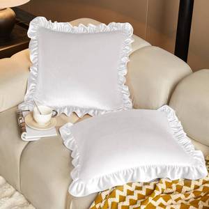 lot 7175 image: KKJIAF White Velvet Throw Pillow Covers 18 x 18 Inch Set of 2, Ruffle Euro Pillow Shams Velvet Square Pillow Case for Sofa Bedroom Couch Decorative