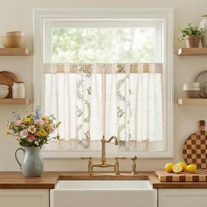 lot 7179 image: jinchan Belrose Linen Floral Kitchen Curtains 24 inch Length Embroidered Farmhouse Cafe Curtains for Living Room Bathroom Small Windows Curtain Set Sheer Light Filtering 2 Panels Sage Green