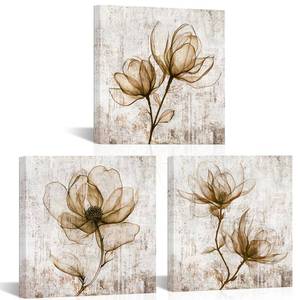 lot 7190 image: VANSEEING 3 Pieces Rustic Floral Wall Art Canvas Prints Vintage Magnolia Flower Brown Wall Decor Pictures Artwork Decoration for Bathroom Bedroom Farmhouse 12x12x3