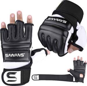 lot 7202 image: SAWANS Punch Bag Boxing Gloves Karate Mitts MMA Body Combat Taekwondo Training Martial Art Fighting Grappling Muay Thai (L, Black)