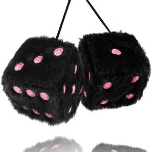 lot 7236 image: YGMONER Black Fuzzy Dice for Car Rear View Mirror, Pair of 2.75 Plush Dice Retro Hanging Ornaments Car Interior Rearview Mirror Decor Accessories (Black with Pink Embroidered Dots)